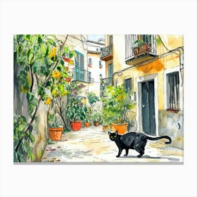 Barcelona, Spain   Black Cat In Street Art Watercolour Painting 1 Canvas Print