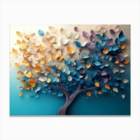 Colorful Tree With Leaves On Hanging Branches Of Blue, White And Golden Illustration Background 2 Canvas Print