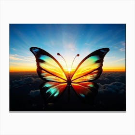 Sunrise Backlit Butterfly Silhouette With Iridescent Painted Wings Unfurling Towards The Bursting Canvas Print