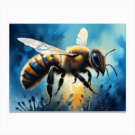 Realistic Painting Of A Honeybee In Flight Against A Blue And Orange Background Canvas Print