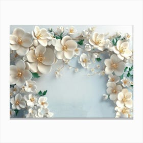 3d White And Blue Background, Featuring Golden Jewelry And Flowers Canvas Print