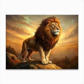 Majestic Lion Standing On A Rock At Sunset Canvas Print