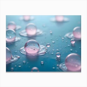 Abstract Still Life Image Of Clear Glass Orbs With Pink Interiors, Scattered On A Blue Background Canvas Print