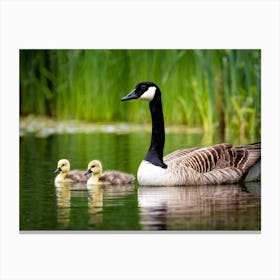 Canadian Goose Cygnet Emerging From A Serene Lake Feather Texture Capturing Early Spring Ambiance Canvas Print