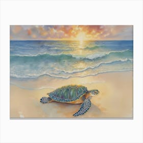 This is vibrant colored, beautiful watercolor style painting of a turtle relaxing near the water, with a majestic sea at sunset in the background Canvas Print