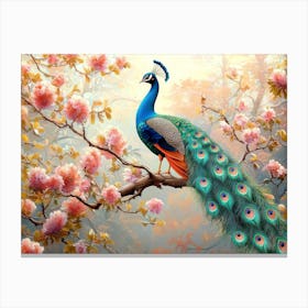 3d Peacock In Bloom On Branch With Colorful Flowers Canvas Print