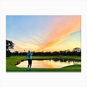 Golfer In Mid Swing Guitar Leveling Sunset Backdrop Serene Golf Course Shadows From Golf Clubs E (2) Stampe su tela