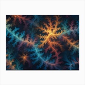 An Abstract Pattern Featuring Swirling, Stylized Branches In Shades Of Blue, Orange, And Yellow On A Dark Background Canvas Print