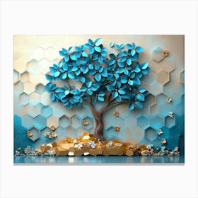 Serene 3d Tree, Turquoise And Blue Leaves, Soft Brown Shades, Colorful Hexagons 1 Canvas Print