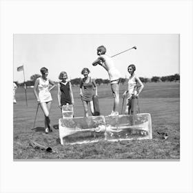 Lady Golfers on Ice Block, Black and White Vintage Photo Canvas Print