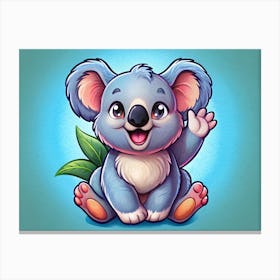 Cartoon Koala Waving With Green Leaves Canvas Print