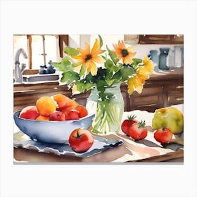 Yellow Flowers And Fruit Watercolor Painting Canvas Print