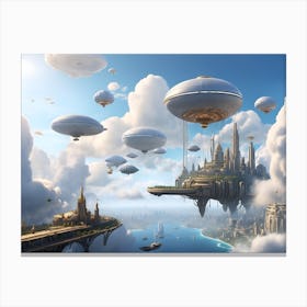A floating city in the clouds, with airships docking at sky-high platforms Canvas Print
