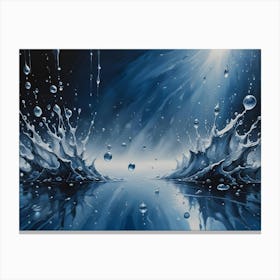 Two Symmetrical Splashes Of Water Rise From A Reflective Surface, With Droplets Frozen In Motion Against A Blue Background Canvas Print