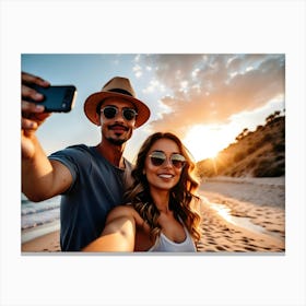 Couple Taking Selfie On The Beach Canvas Print