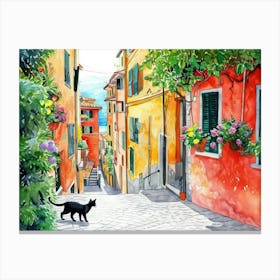 Black Cat In Como, Italy, Street Art Watercolour Painting 1 Canvas Print