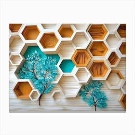 White Lattice And Turquoise Elements Combine With Dynamic Hexagons In An Oak Wood 1 Canvas Print