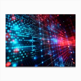 An Abstract Background With Glowing Blue And Red Dots Arranged In A Grid Pattern, With Streaks Of Light And A Bokeh Effect Canvas Print