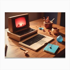 A Vintage Style Laptop With A Wooden Case Sits On A Wooden Table Alongside A Variety Of Other Objects Canvas Print