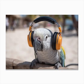 An 1006 Parrot At Beach Resort Wearing Tiny Headphones 11x14 Canvas Print
