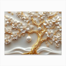 3d Gold Tree of Life White Pearl and Flowers Canvas Print