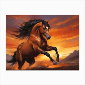 Wild Brown Mustang Running In Sand Near A Mountain Region By A Morning Sunrise - Color Painting Canvas Print