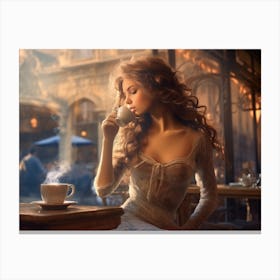 Beautiful Woman Drinking Coffee in Paris Canvas Print