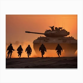 Silhouettes Of Soldiers Charging Behind A Tank Towards A Bright Sunset In A Desert Environment Canvas Print