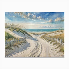 The Chosen Path Is A Vibrant Path Through Sand Dunes Leading to the Ocean and Under a Colorful Sky Filled With Fluffy Clouds Canvas Print