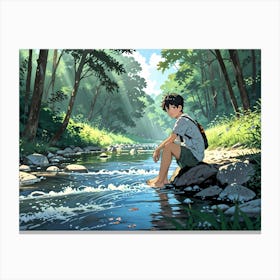 Boy Sitting By A Stream Canvas Print