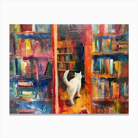 White Cat In The Library - Wandering Between Bookshelves Canvas Print