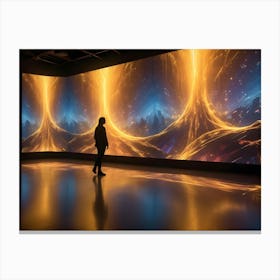 A Lone Figure In Silhouette Stands In A Futuristic, Empty Room, Gazing At A Large, Curved Display Of Abstract, Glowing, Golden Light Patterns, Resembling A Cosmic Landscape Or Data Flow Canvas Print