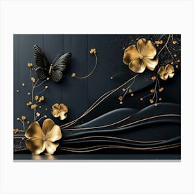 3d Abstract Black Background with Golden Flowers Lines and Butterfly Canvas Print