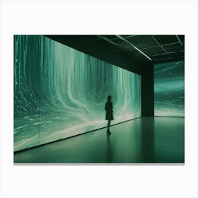 A Woman In Silhouette Stands In A Dark Room With A Large Screen Displaying A Vibrant, Green, Swirling Light Pattern Canvas Print