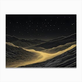 Stylized Black And Gold Mountain Landscape, With A Line Art Design, A Starry Sky And A Pathway Leading Through The Center Canvas Print