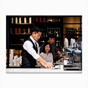 Barista Focused On Pouring Water Into A Step By Step Dripper Amid The Bustling Ambiance Of A Busy C (4) Canvas Print