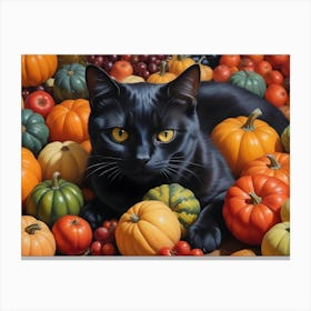 Black Cat Sitting In A Pile Of Pumpkins Autumnal Canvas Print