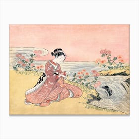Japanese Woman Picking Chrysanthemum Canvas Print