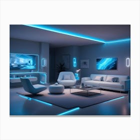 A Modern Living Room Interior With A White Sofa, Blue Accent Lighting, And A Large Tv Screen Displaying A Smart Home Interface 1 Canvas Print