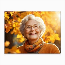 Elderly Woman Radiating Joy Amidst Crisp Autumn Leaves Close Up Orange Yellow Foliage Surrounding (4) Canvas Print