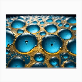 Close Up Macro Photography Of Blue Water Droplets Resting On A Textured, Golden Surface Canvas Print