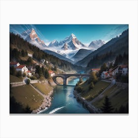 Mountain river landscape with Alps view #1 - Oil Painting Canvas Print