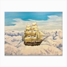 Surreal Wooden Sailing Ship In Clouds Blue Sky Canvas Print