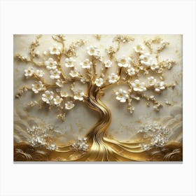 3d Art Golden Tree with White Flowers 3 Canvas Print