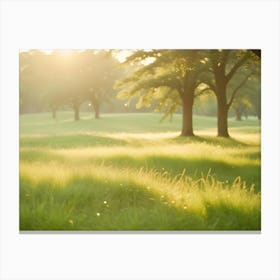 Nature Photography Of A Field Of Green Grass With Trees In The Background, Illuminated By Golden Sunlight Canvas Print