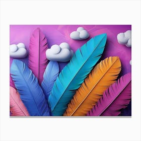 Vibrant 3d Geometric Art with Purple Background Colorful Feathers and Tranquil Clouds Canvas Print