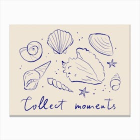 Collect Moments. Whimsical Coastal Seashells Line Art and Quote Canvas Print