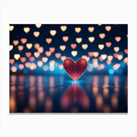 A Glowing Red Heart Sits On A Reflective Surface With A Background Of Scattered, Colored Hearts And Bokeh Lights, Symbolizing Love, Romance, And A Romantic Atmosphere Canvas Print