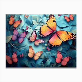 Butterflies On A Blue Background Canvas Print