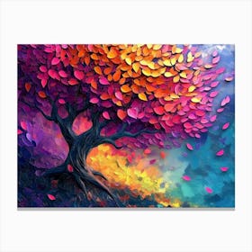 3d Abstract Artwork, A Tree Surrounded By Many Colorful Leaves 1 Canvas Print